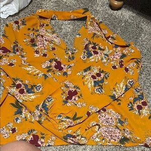 Orange Button Down Shirt with Notched Collar and Botanical Pattern